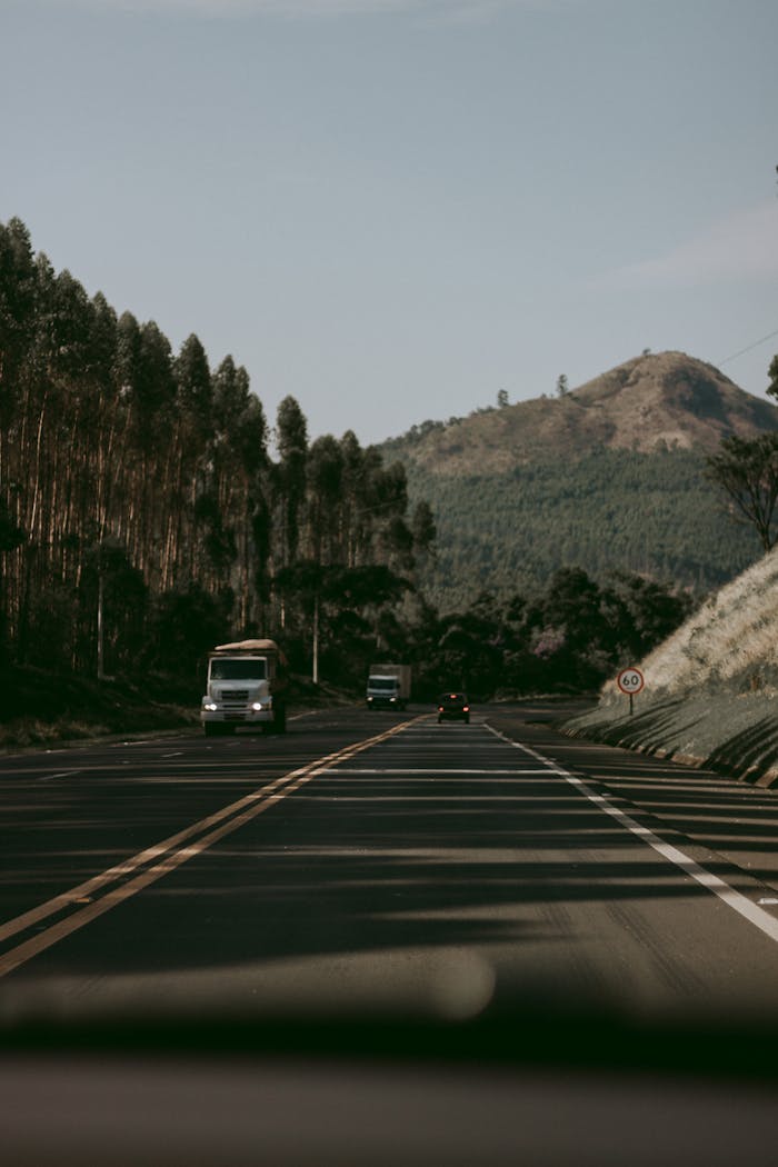 View of a road through a mountainous landscape, lined with trees and traffic.